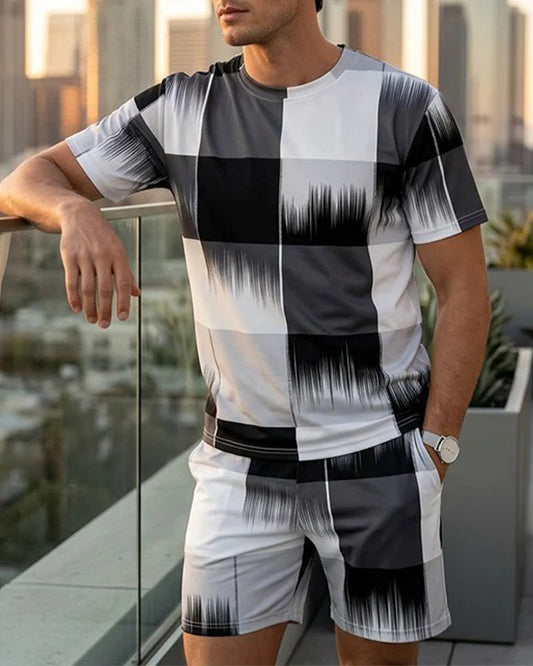 Black and White Gradient Plaid Short Sleeve Set