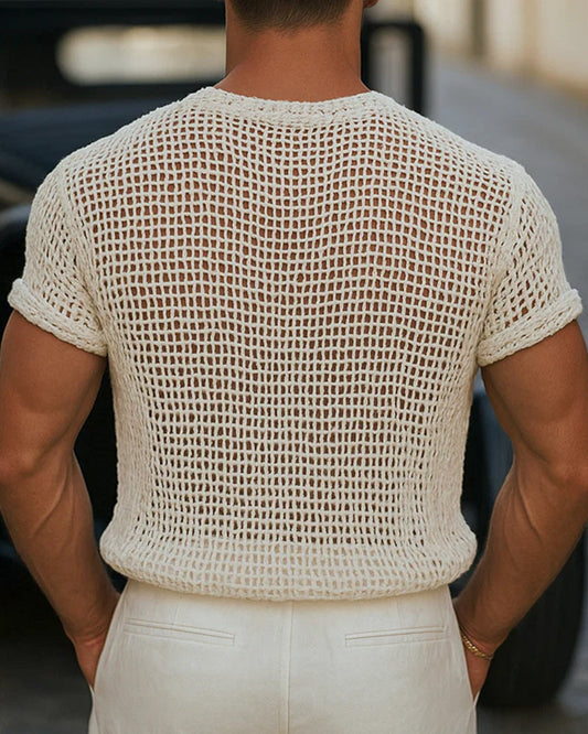 Men's Button Small V-Neck Short Sleeve T-Shirt